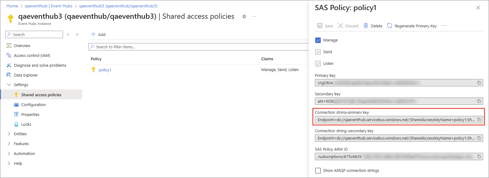 Azure portal Shared access policies page for an event hub, with the SAS policy pane open and Connection string-primary key highlighted