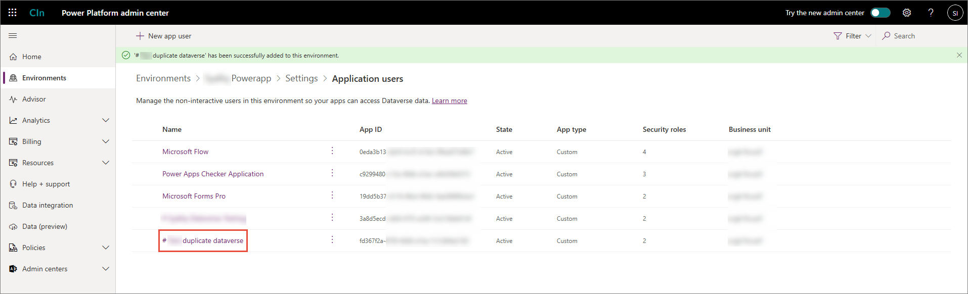 Application users list with a success message and the newly created app user highlighted