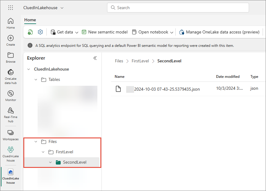 Lakehouse Explorer with the Files/FirstLevel/SecondLevel folder path highlighted