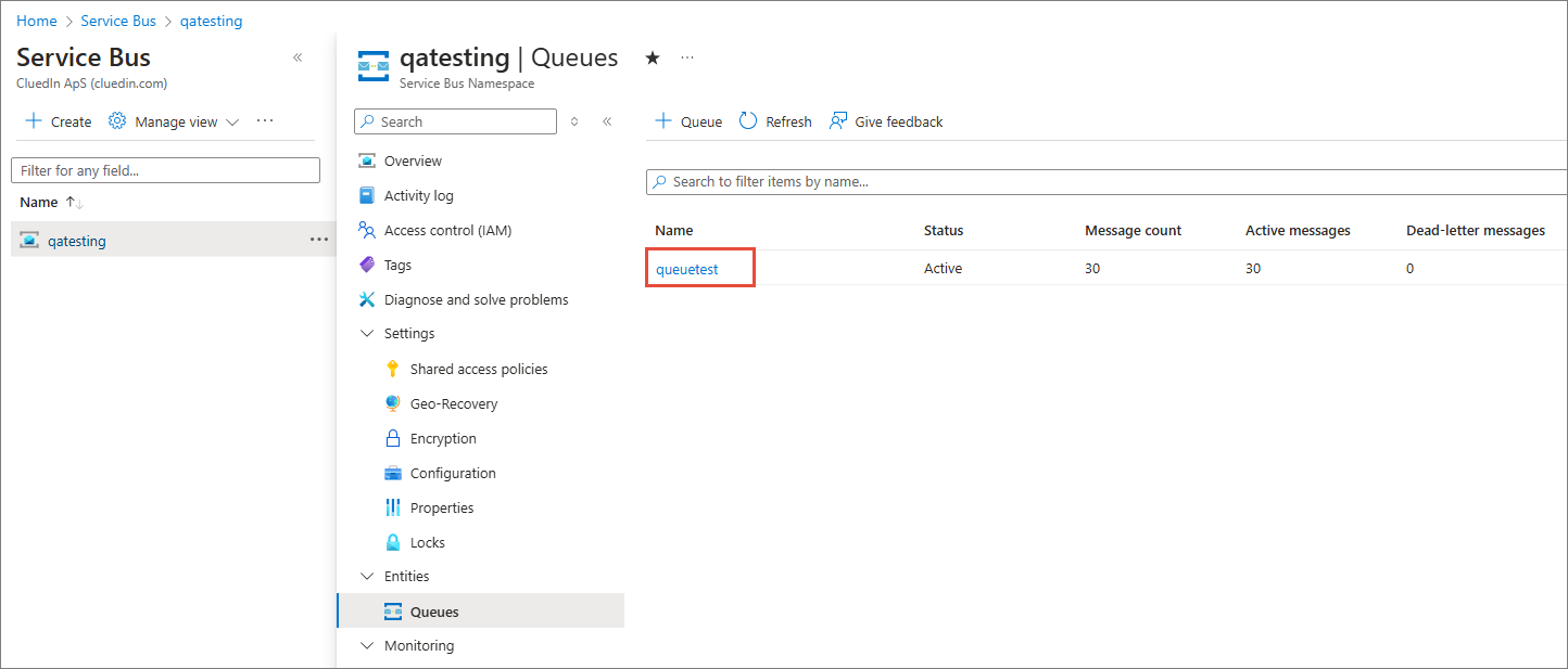 Azure portal Queues page of a Service Bus namespace, with the queue name queuetest highlighted