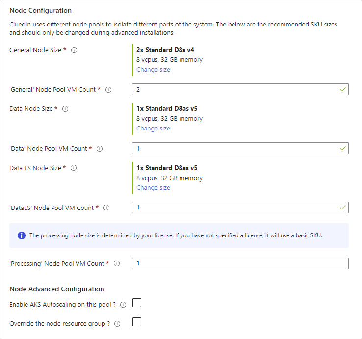 Node Configuration on the Azure Kubernetes tab showing General, Data, and Data ES node sizes and pool VM counts, the Processing node pool VM count, and an AKS autoscaling checkbox