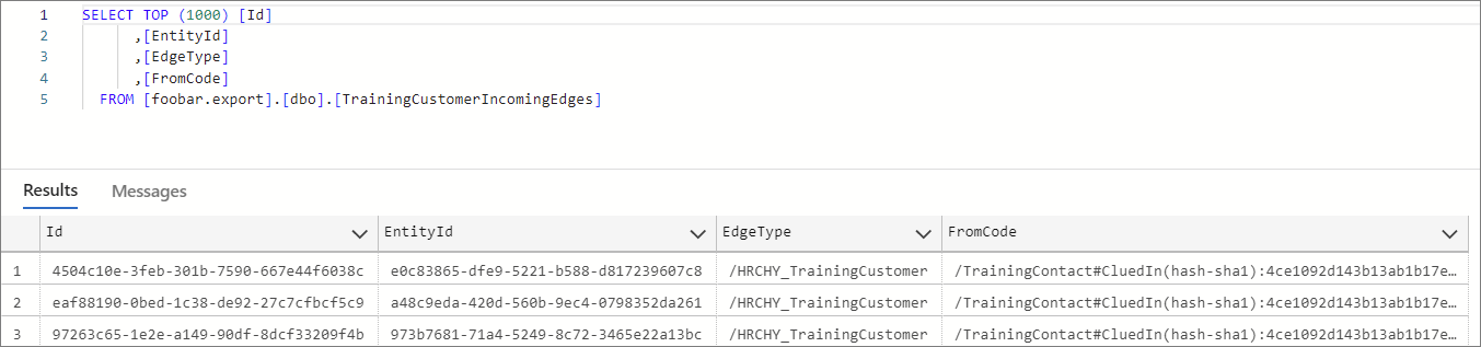A SQL query on the TrainingCustomerIncomingEdges table returning Id, EntityId, EdgeType and FromCode for each relation