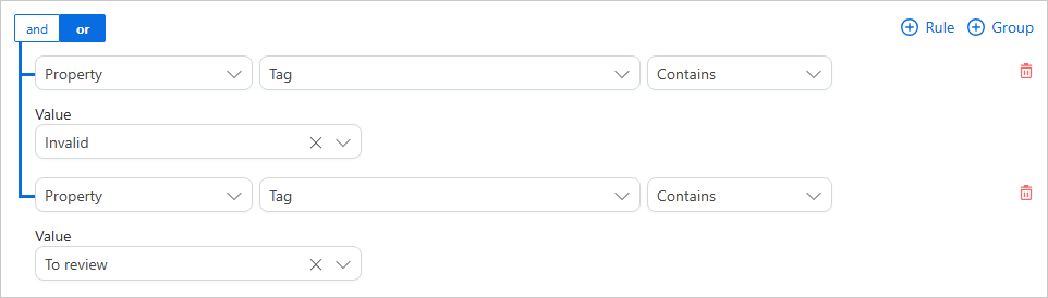 A filter with the OR operator and two rules: Property Tag Contains Invalid, and Property Tag Contains To review