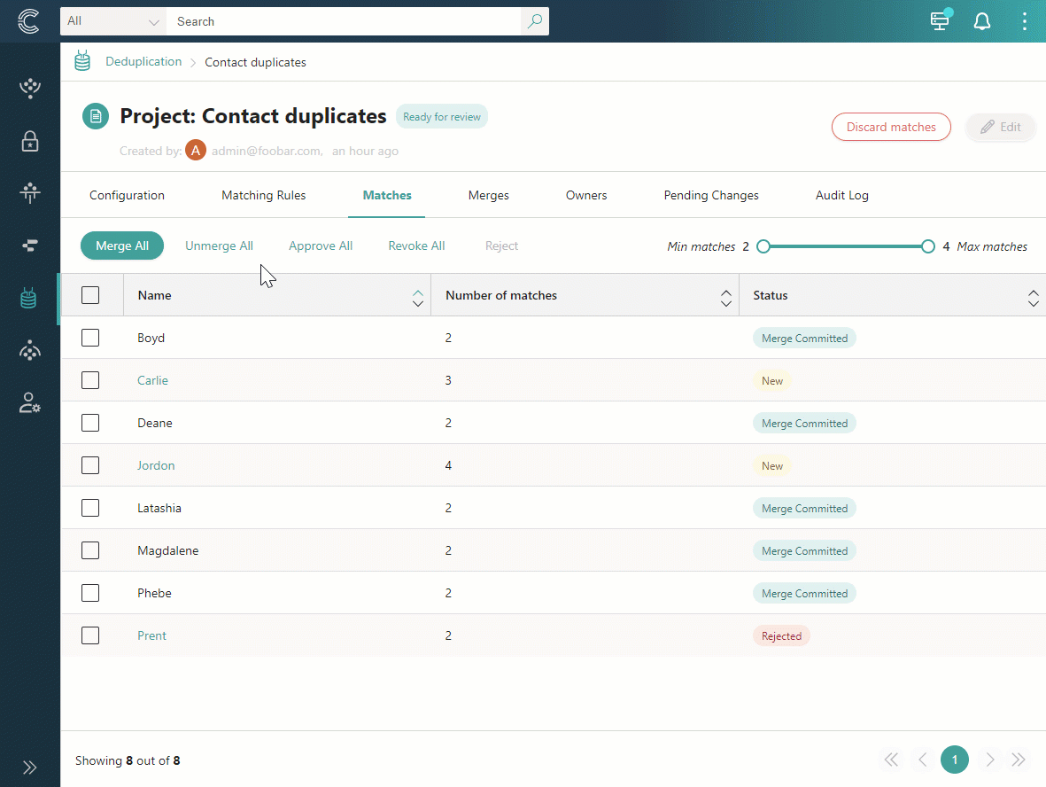Animation: merged groups on the Matches tab are unmerged and their status changes from Merge Committed to Unmerged