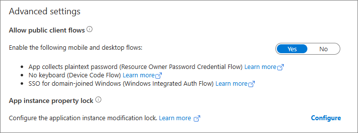 Advanced settings section with Allow public client flows set to Yes