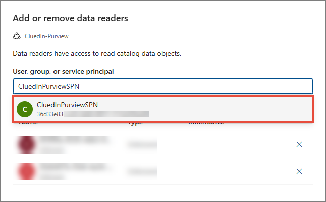 The Add or remove data readers pane with the CluedInPurviewSPN service principal found and highlighted