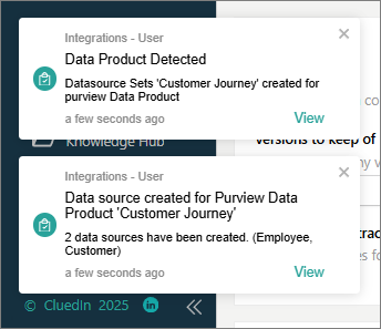 CluedIn notifications: Data Product Detected for Customer Journey, and Data source created for the Employee and Customer data sources