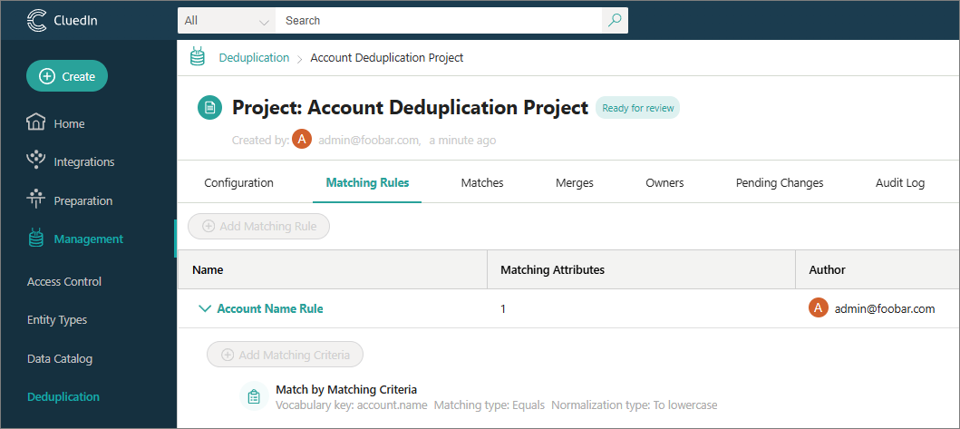 Account Deduplication Project on the Matching Rules tab, with the Account Name Rule matching on account.name