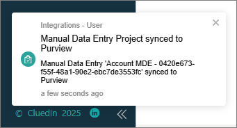 A CluedIn notification saying the manual data entry project Account MDE was synced to Purview
