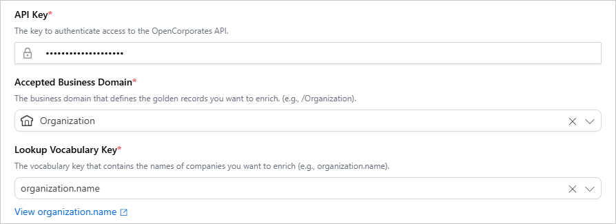 OpenCorporates Configure tab with API Key, Accepted Business Domain Organization and Lookup Vocabulary Key organization.name